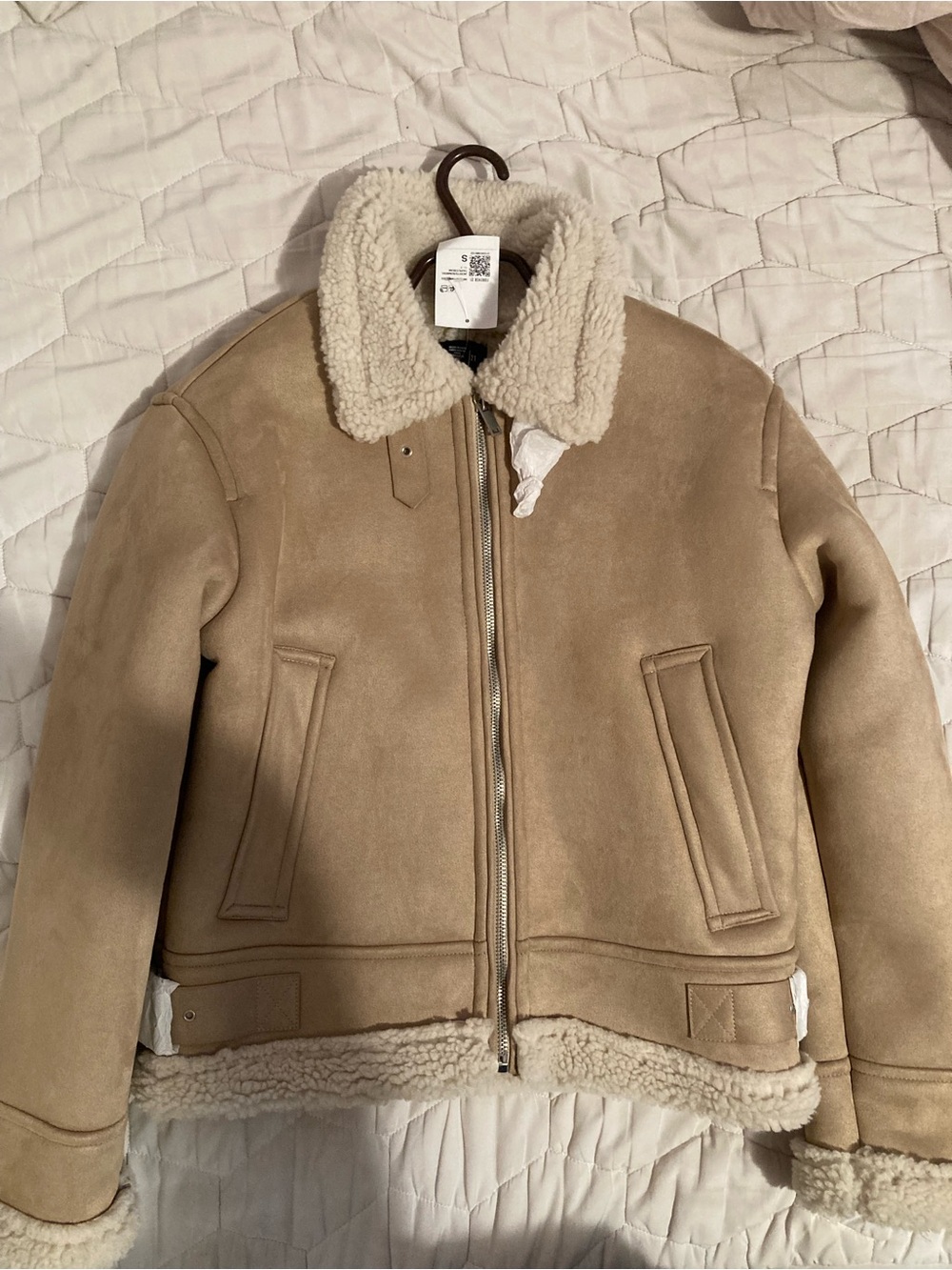 Forever 21 Tan Faux Shearling Bomber Jacket with Cream Collar